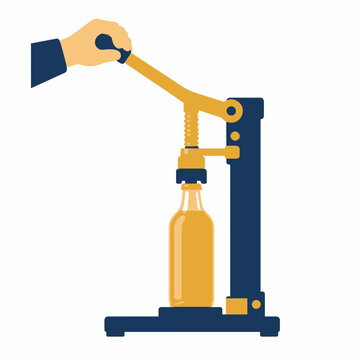 Vector illustration of a person's hand using a manual bench bottle capper to seal a glass bottle containing yellow liquid, featuring a blue and orange mechanical design on white background.