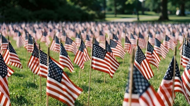 A field of american flags displayed as a patriotic tribute and memorial remembrance