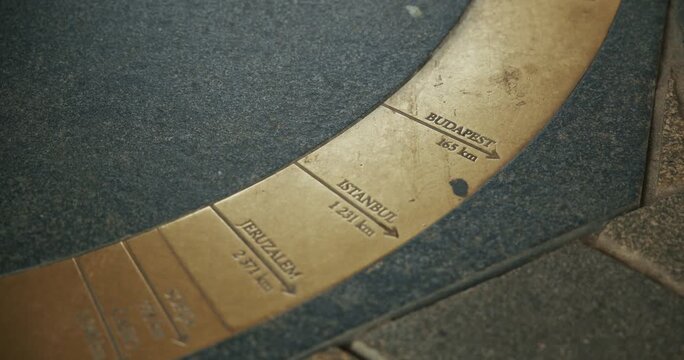 A close up view of the budapest and istanbul distance on a metal sign, showing the distance in kilometers.