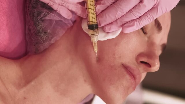 Vertical video. Injection skin. Aesthetic cosmetology. Beautician hand making botulinum toxin procedure for tightening smoothing wrinkles on woman face in salon.