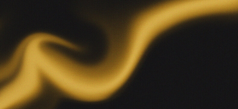 Golden flowing light wave with grainy texture on dark black background, warm amber glow and soft blur for abstract cinematic design