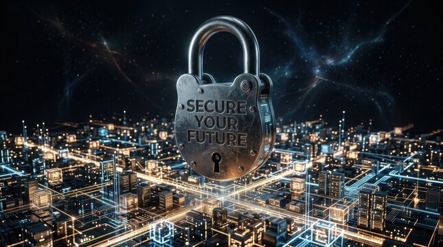 3D illustration of a large metal padlock engraved with "SECURE YOUR FUTURE" suspended over a glowing digital motherboard city grid with a cosmic nebula background.