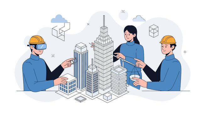 Architects collaborating with VR technology for urban planning and building design, showcasing innovation and future construction.