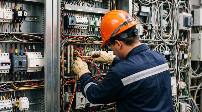 Professional electrician wearing orange safety hard hat performing electrical panel maintenance and wiring inspection inside industrial facility with complex cable management systems
