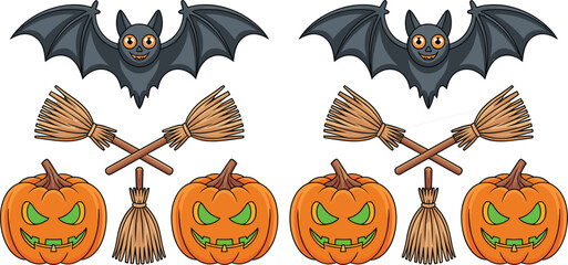 Fototapeta premium Halloween Illustration Collection with Flying Bats, Carved Jack O Lantern Pumpkins, Crossed Broomsticks, and Spooky Festive Decorations