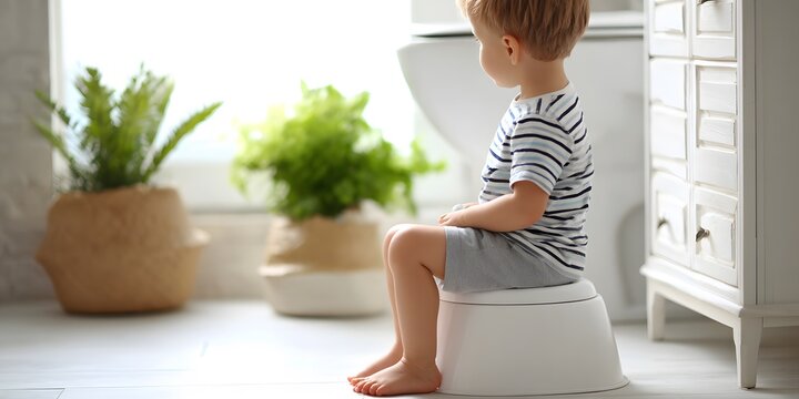 Young boy sitting on a small training potty in a bright bathroom with green houseplants.