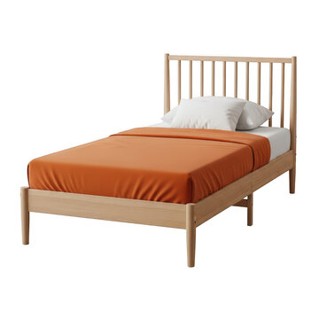 Modern wooden single bed with an orange blanket isolated on white background isolated on transparent background