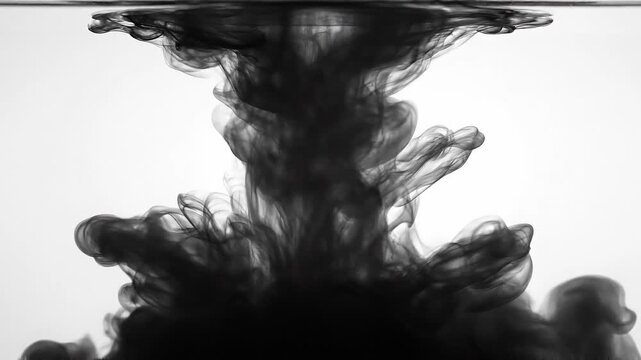 Black ink swirling in clear water creating abstract dark smoke effect on white background