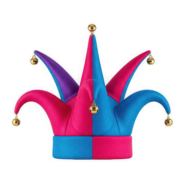 A colorful jester's hat with gold accents
