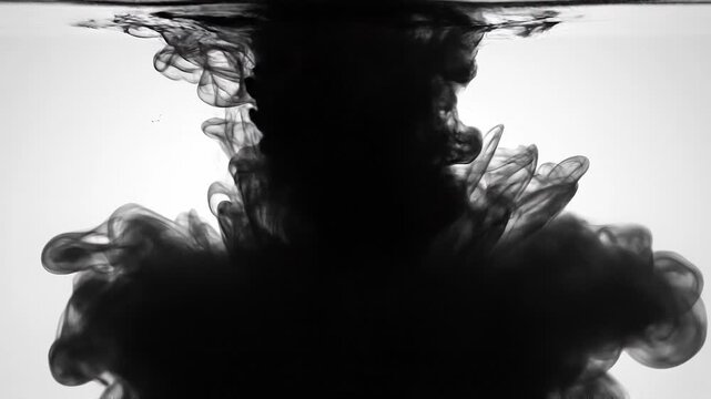 Abstract black ink swirling in water with soft smoke effect on white background