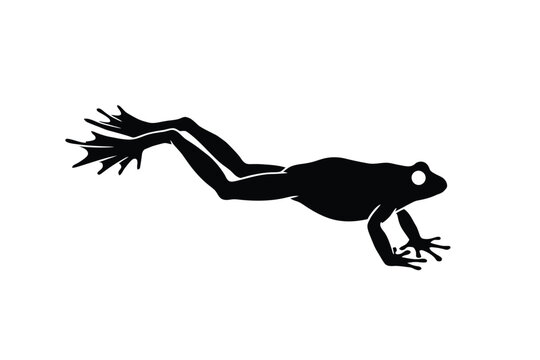 Black frog silhouette leaping forward against a white background