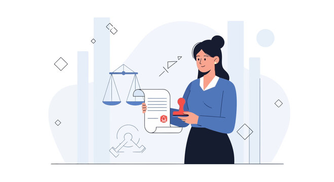 Lawyer or notary public stamping document with justice scales and gavel in background