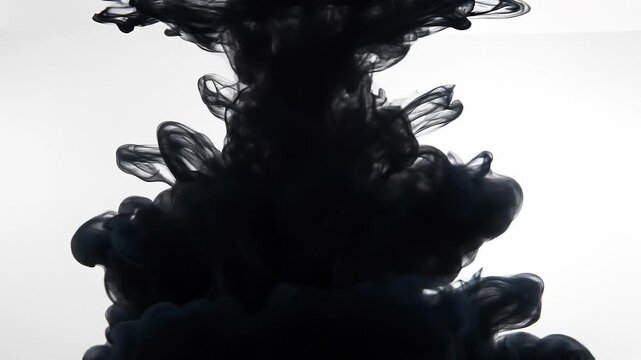 Black ink swirling in water with abstract fluid motion and white background