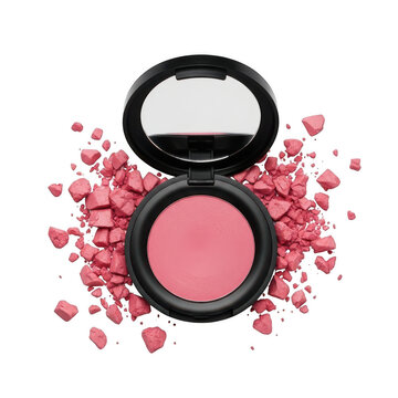 Pink face powder blush in a black round compact case with scattered powder isolated on transparent background