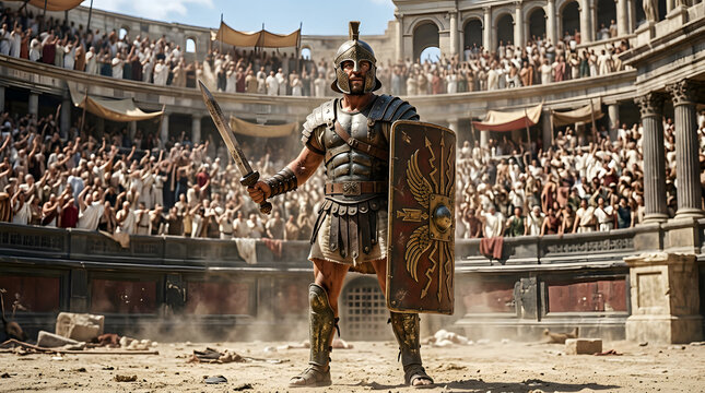 Roman Gladiator in Ancient Arena with Crowd Scene