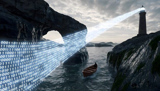 Cyber security concept featuring lighthouse binary code beam directing sailboat through dark ocean to safe harbor, data protection and cloud navigation technology on dark background.