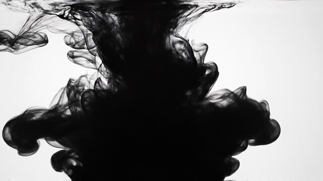 Abstract black ink swirling in clear water with soft flowing shapes and smooth textures on white background