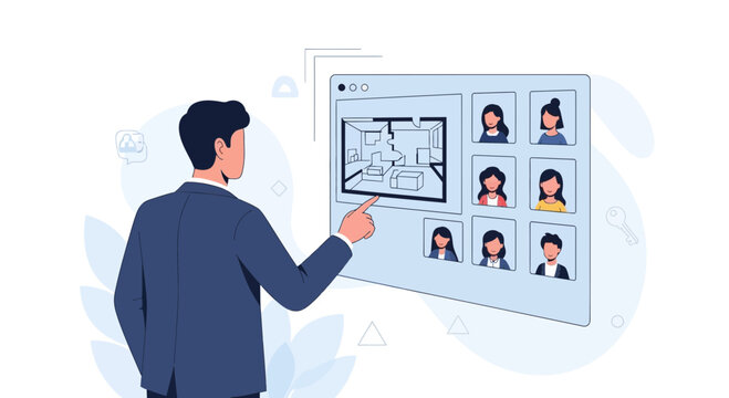 Man interacting with virtual real estate platform showing floor plan and client profiles for online property viewing and consultation