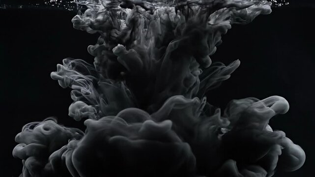 Black ink swirling underwater creating mesmerizing dark abstract shapes and smoke-like patterns
