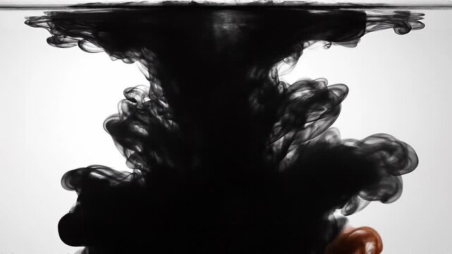 Black ink swirling in water creating abstract smoke shapes and fluid motion on white background