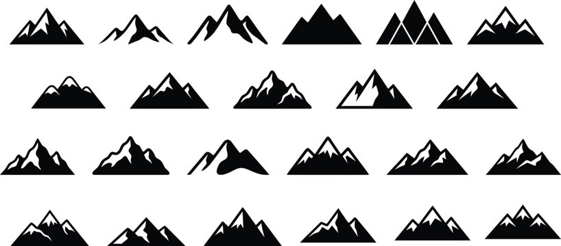 Set of black mountain silhouettes and rocky peak icons for outdoor adventure and travel design elements