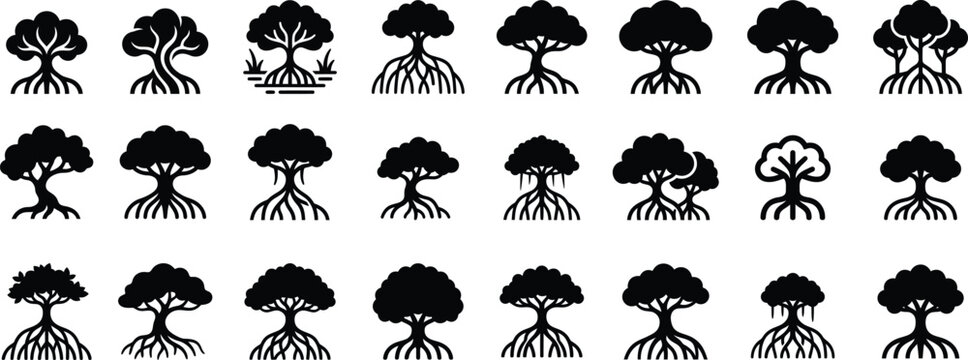 Collection of various mangrove tree icons with visible roots isolated on transparent  background