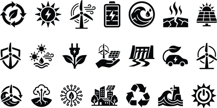 Set of black and white icons representing renewable energy sustainability and environmental conservation concepts