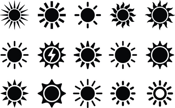 Set of fifteen hand drawn sun icons and weather symbols in a simple black and white style