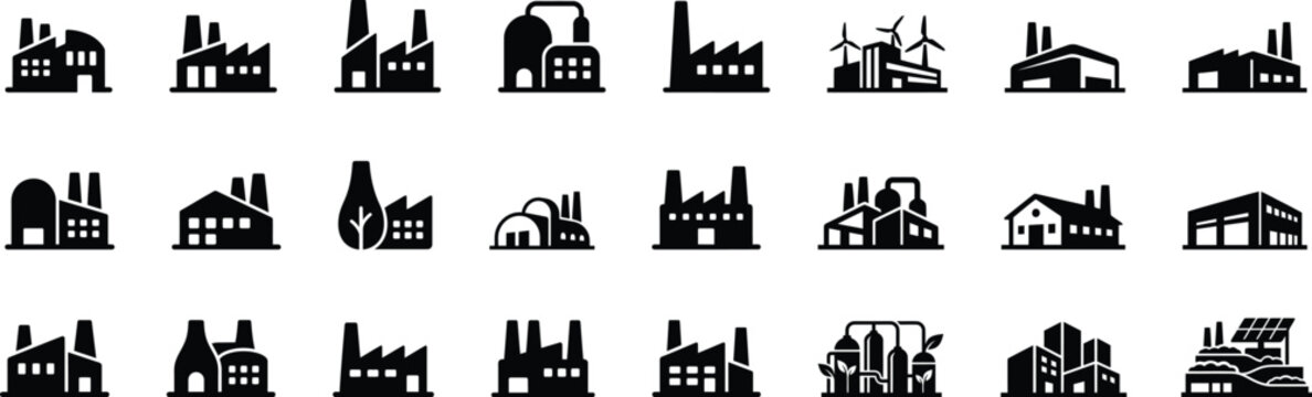 A collection of black silhouette factory and industrial building icons set on a plain transparent background