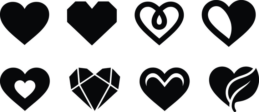 Set of eight unique black heart icons representing love and romance for graphic design and web projects