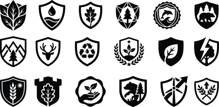Set of black and white nature and outdoor adventure shield emblems and heraldic crest icons