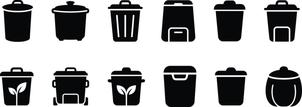 Set of black silhouette trash can and recycling bin icons for waste management and environmental design projects