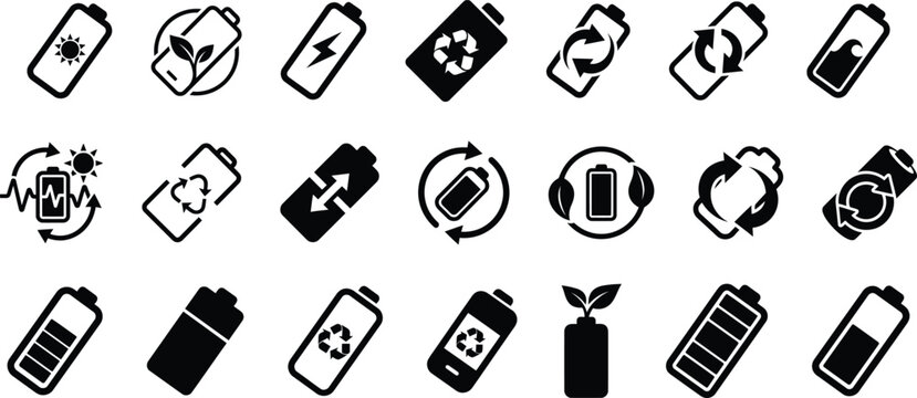 Set of battery and energy icons representing charging recycling power levels and sustainable green energy solutions