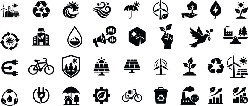 Collection of black and white environmental and sustainability icons representing green energy and nature conservation concepts
