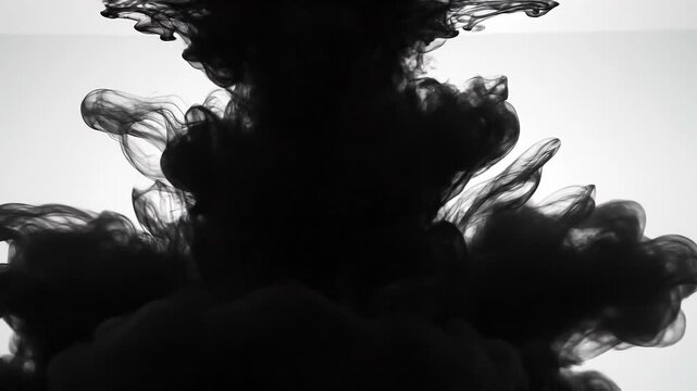 Black ink swirling in water creating abstract shapes and fluid patterns on a white background