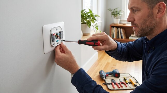 Focused professional technician installing smart thermostat on interior wall using screwdriver to secure base plate and connect wires for efficient home climate control system