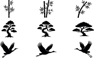 Naklejka premium Traditional East Asian Silhouette Icon Set with Bamboo Stalks Bonsai Trees and Flying Red Crowned Cranes