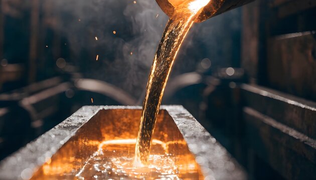 Dramatic macro view of liquid molten gold casting in foundry mold with glowing core and flying sparks, heavy metallurgy industry and metal manufacturing process on dark background.