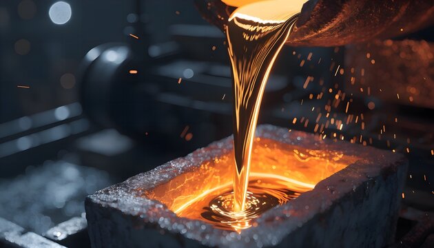 Dramatic macro view of liquid molten gold casting in foundry mold with glowing core and flying sparks, heavy metallurgy industry and metal manufacturing process on dark background.