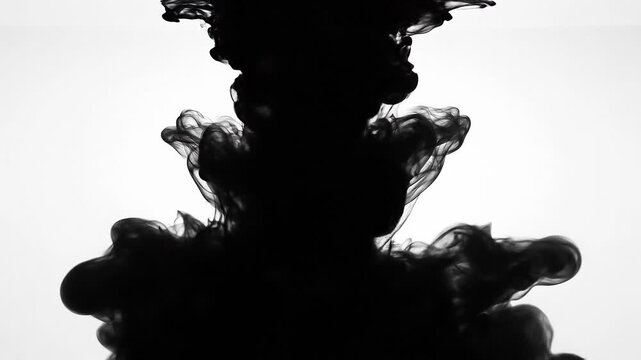 Abstract black ink swirling in water with smoke like patterns on white background