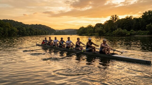 Wide shot of an eight-person rowing crew and coxswain navigating a competitive shell through calm river water at sunset, featuring golden lighting, oars splashing, and forested hills.