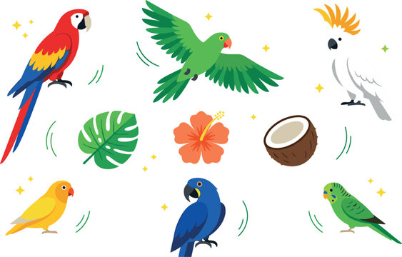 Tropical Parrots and Exotic Birds Icon Set with Macaw Cockatoo Budgerigar Hibiscus and Monstera Leaf