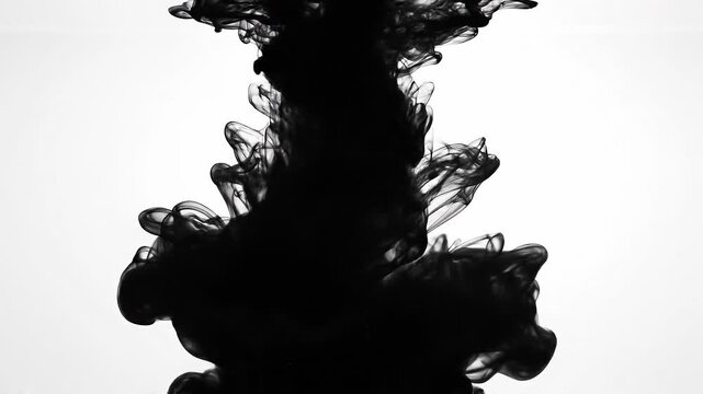 Black ink swirling in water on white background creating abstract smoke effect
