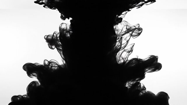 Black ink swirling in clear water creating abstract smoke and fluid art effect on white background