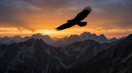Fototapeta premium Eagle flying over mountains at golden sunset