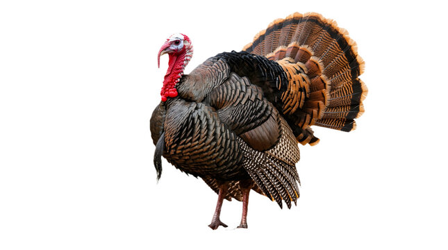 Full body portrait of a male wild turkey with fanned tail feathers isolated on transparent background