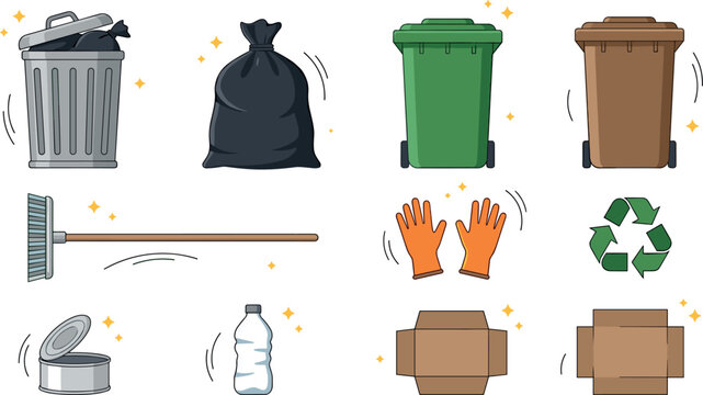 Waste Management and Recycling Icon Set with Trash Cins Garbage Bags Broom Gloves and Box sorting