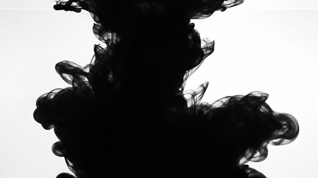 Black ink swirling in water creating abstract smoke effect on white background