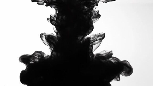 Black ink swirling in water creating abstract smoke effect on white background
