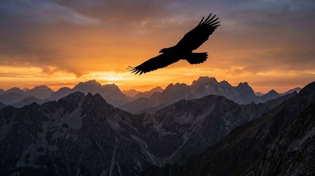 Eagle flying over mountains at golden sunset